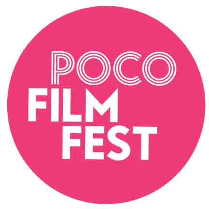 Pink circle with text. Text: Poco Film Fest