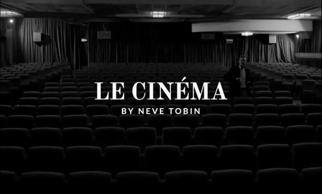A cinema is depicted in black and white - chairs and an empty theatre. Text reads: Le Cinema by Neve Tobin