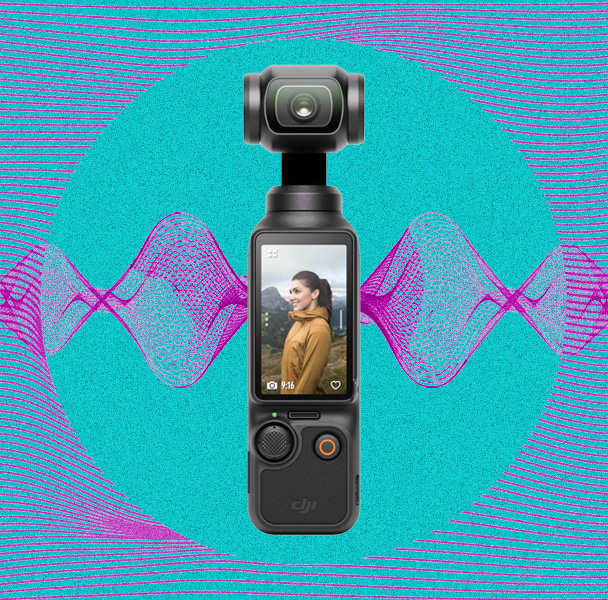 A graphic with a light blue background and pink lines in the form of sound waves or signal frequencies, with a DJI Pocket 3 camera in the middle of frame