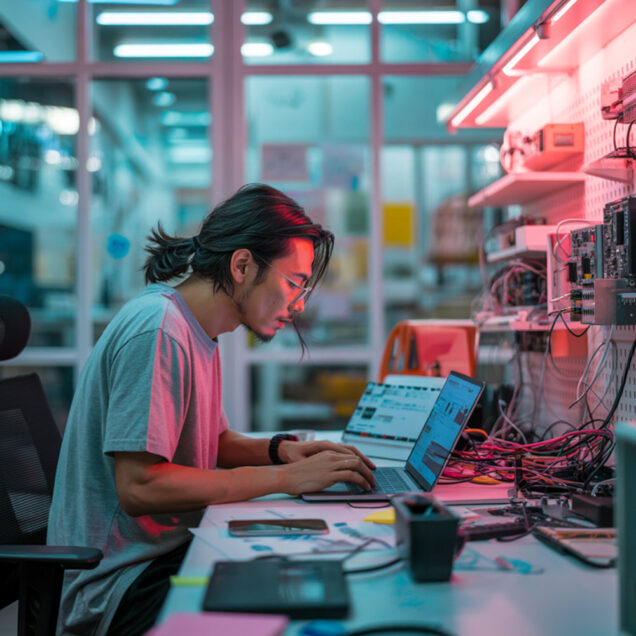 A young man with long tied up hair working at a desk with two laptops, circuit boxes and several red and black cords