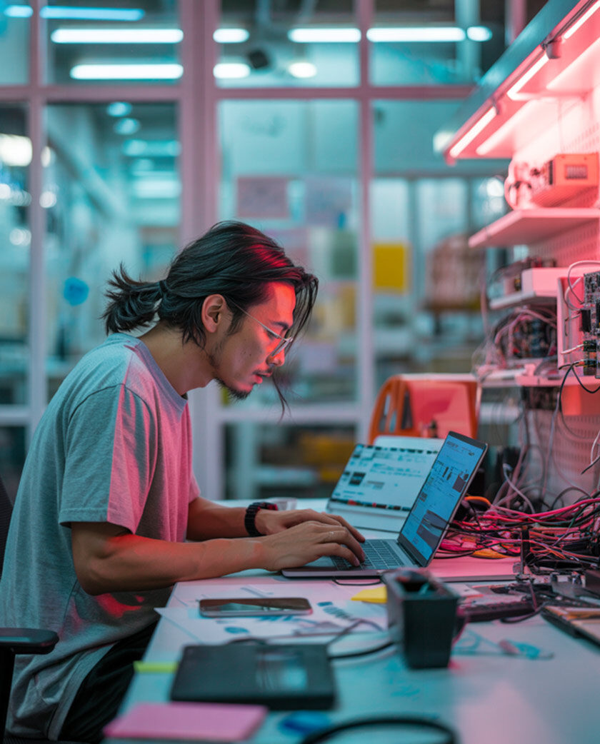 A young man with long tied up hair working at a desk with two laptops, circuit boxes and several red and black cords