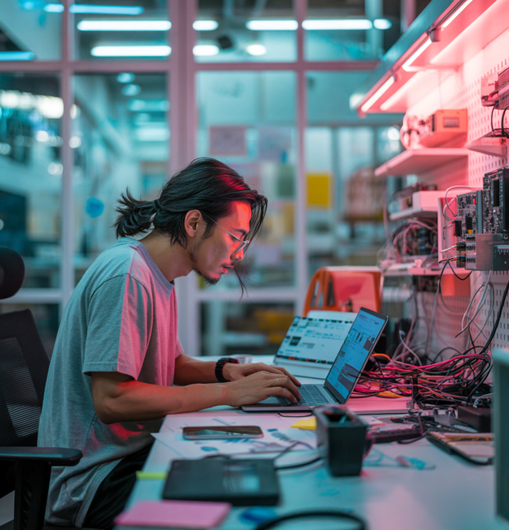 A young man with long tied up hair working at a desk with two laptops, circuit boxes and several red and black cords