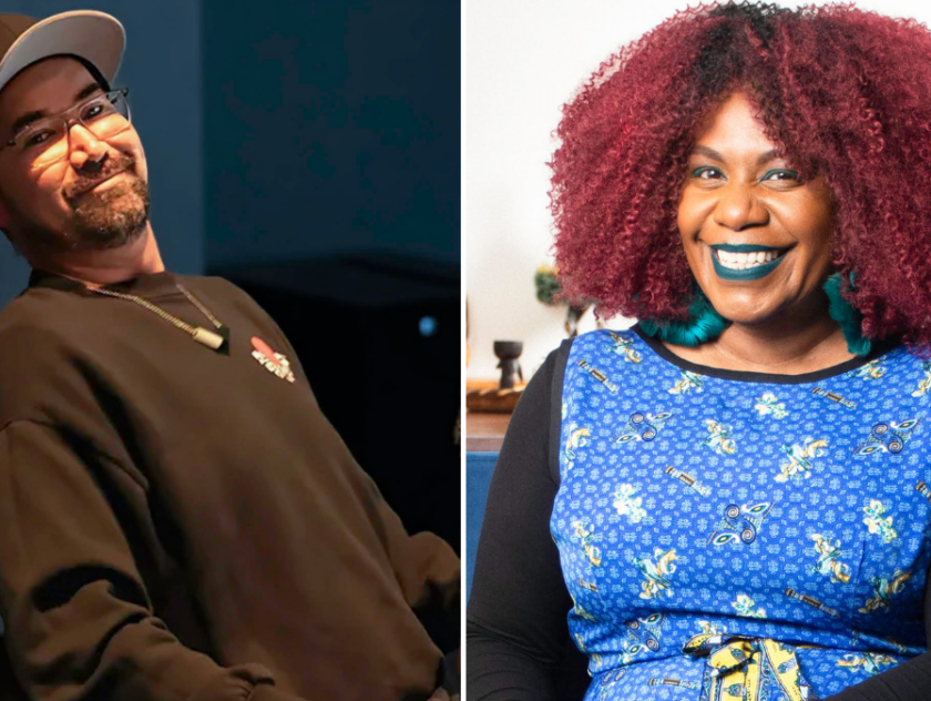 side by side image of a man leaning back on his chair wearing glasses and a baseball cap smiling at camera and on the right a woman with a red afro and green lipstick and earrings with a big smile