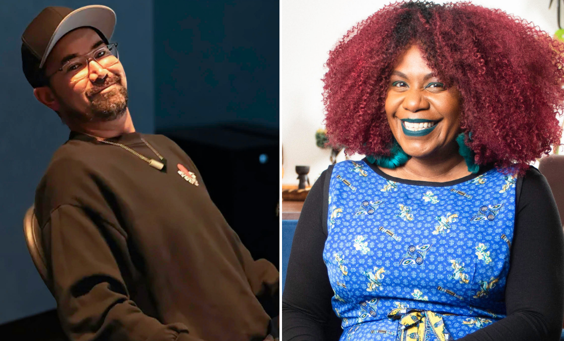 side by side image of a man leaning back on his chair wearing glasses and a baseball cap smiling at camera and on the right a woman with a red afro and green lipstick and earrings with a big smile