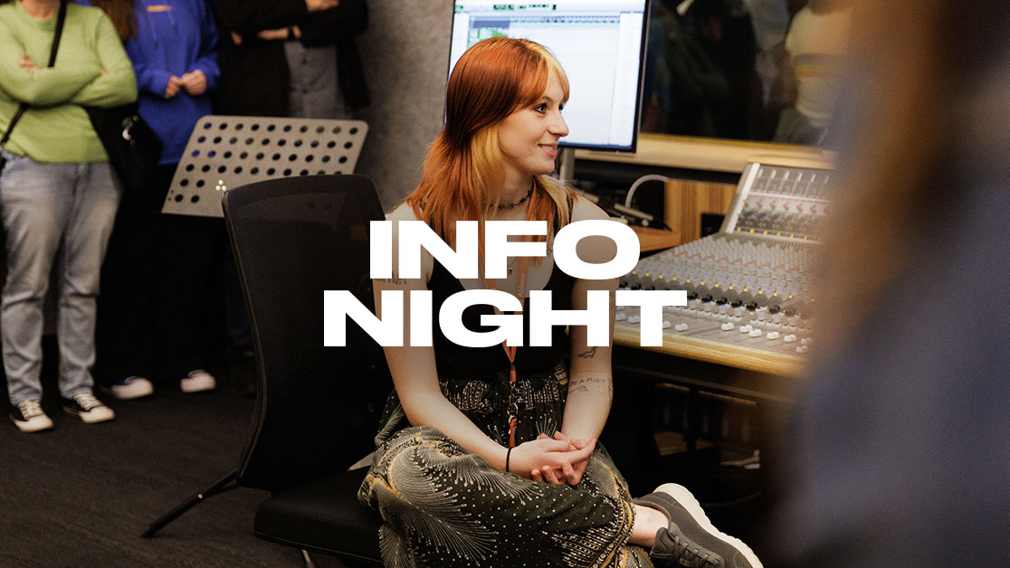 Woman sitting on chair in front of mixing console -looking off to side. People in background stand with arms crossed. Text reads: Info Night