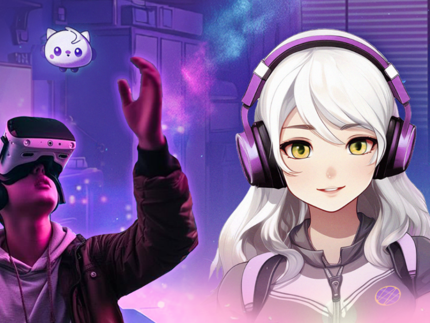 Graphic design showing an anime-style character with white hair and headphones with a young man wearing a VR headset smiling and reaching for a butterfly on the left