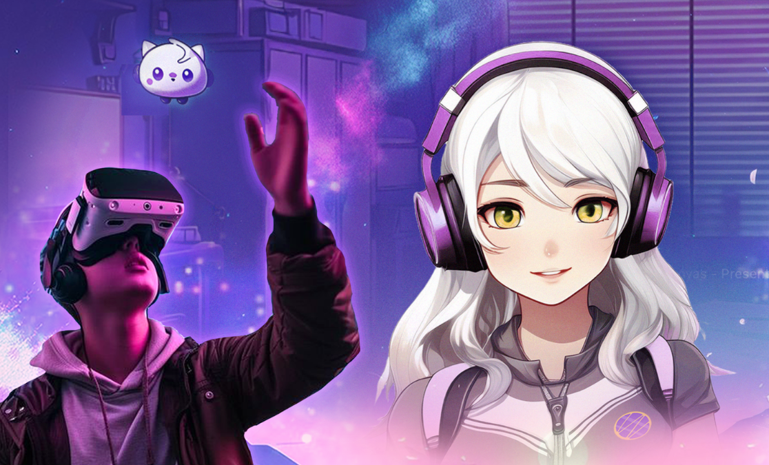 Graphic design showing an anime-style character with white hair and headphones with a young man wearing a VR headset smiling and reaching for a butterfly on the left