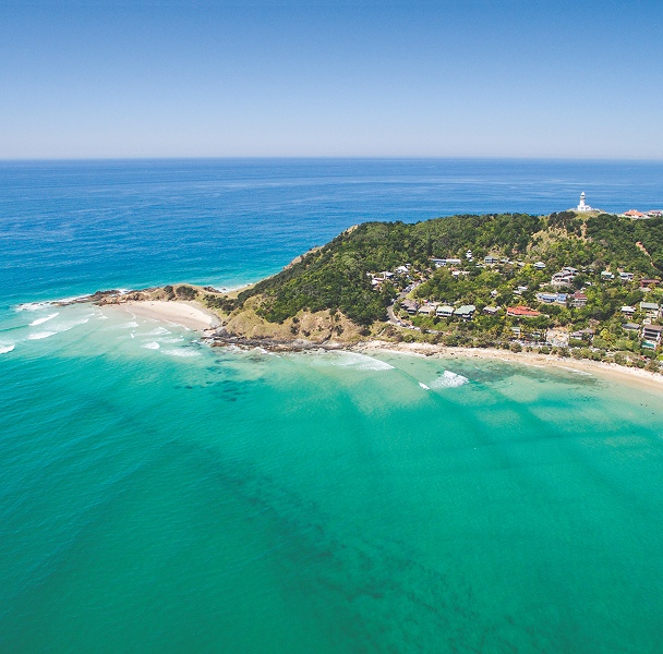 Arial photo of the Cape Byron area and the ocean surrounding it
