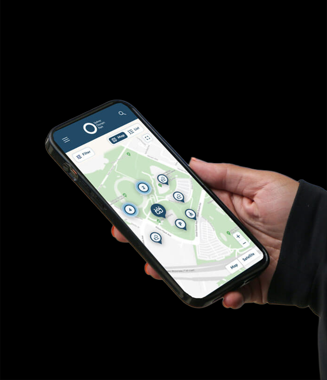 A hand holding an iPhone displaying the user interface of the Sydney Olympic Park mobile application