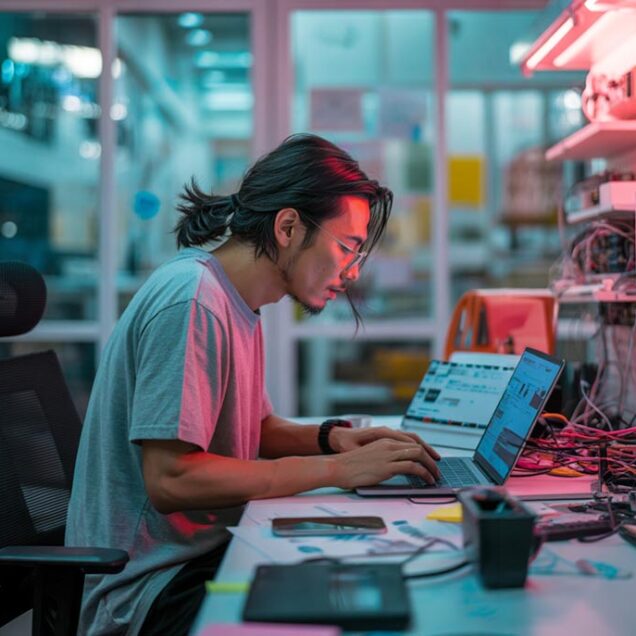 A young man with long tied up hair working at a desk with two laptops, circuit boxes and several red and black cords