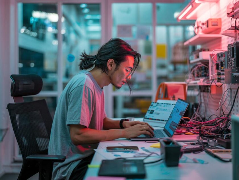 A young man with long tied up hair working at a desk with two laptops, circuit boxes and several red and black cords