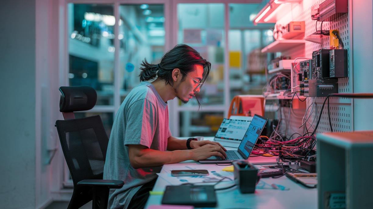 A young man with long tied up hair working at a desk with two laptops, circuit boxes and several red and black cords