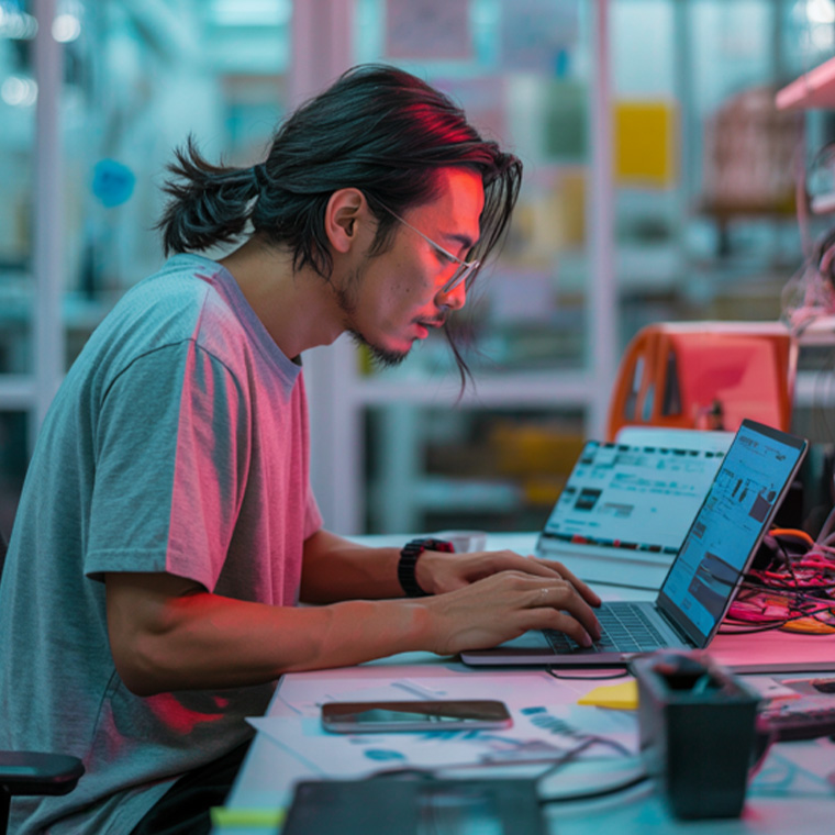 A man with long hair and glasses working with two laptops in a room with red backlighting - Information Technology