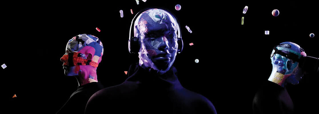 Digital illustration of three human figures with textured faces