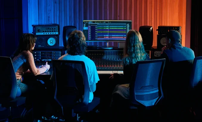 Four students gather in front of a console and editing software on monitor. SAE is now a University College