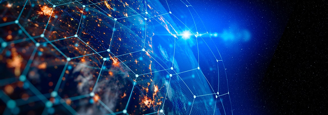 Graphic of world globe in space, with a grid of lights on the surface - Generative AI SAE University College