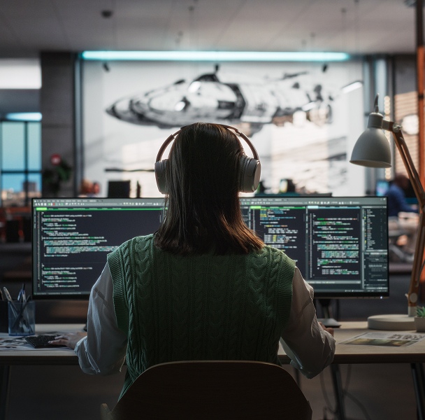 A women wearing a sweater and over ear headphones, working on two computer monitors - MIT scholarship mobile header image