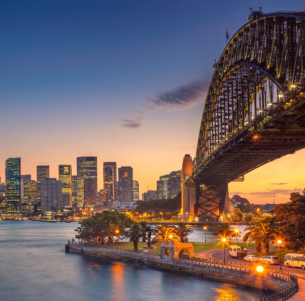 The Sydney Harbour bridge and Sydney city skyline at dusk