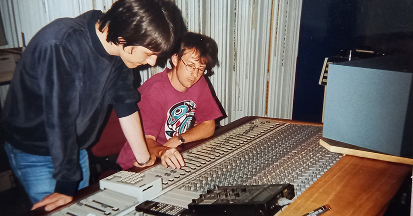 Two students working in the 24-track control room at SAE Melbourne, using a Sony MXP3000 analogue mixing console (1997)